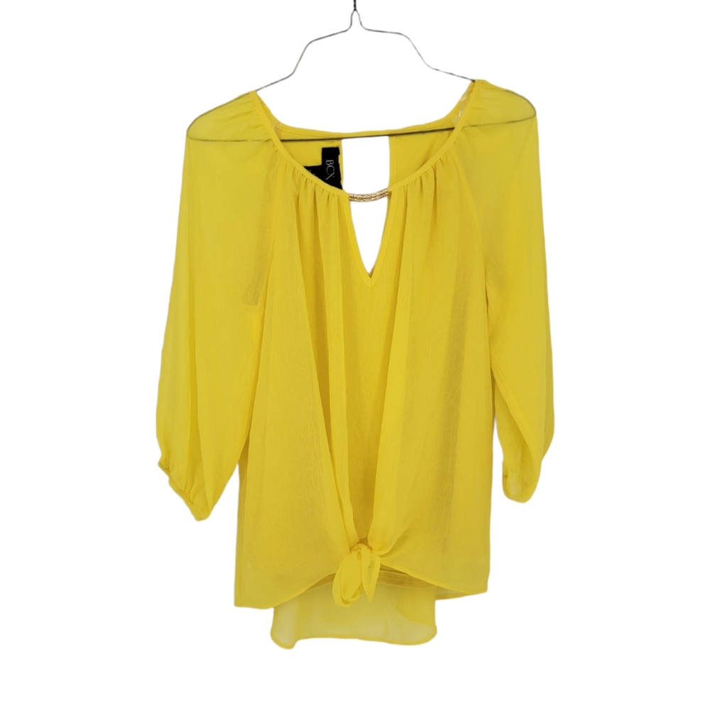 BCX Sheer Yellow 3/4 Sleeves Top with Keyhole Small